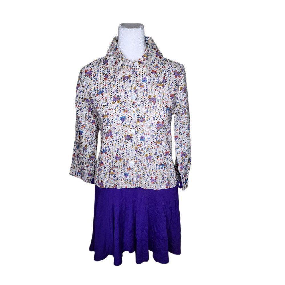 Vintage 70s Skater Dress Drop Waist Long Sleeve Whimsical Womens S Purple